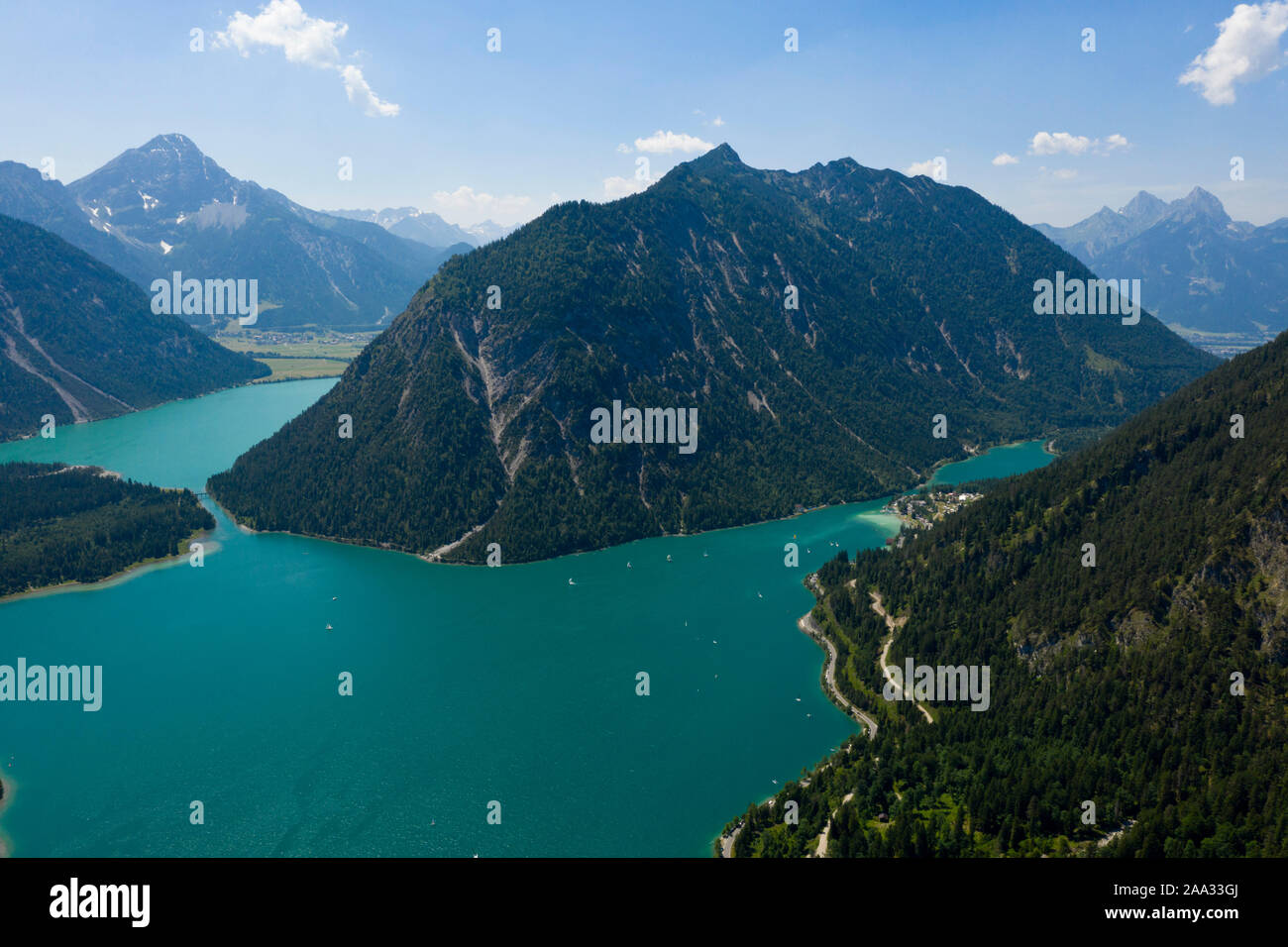 South of Plansee with Kleiner Plansee right and Lake Heiterwang left, Tyrol, Austria Stock Photo