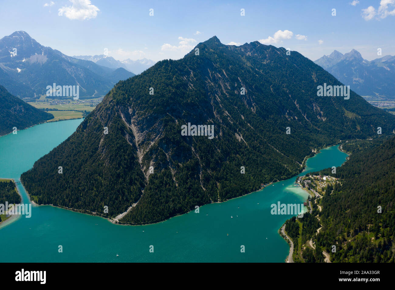 South of Plansee with Kleiner Plansee right and Lake Heiterwang left, Tyrol, Austria Stock Photo
