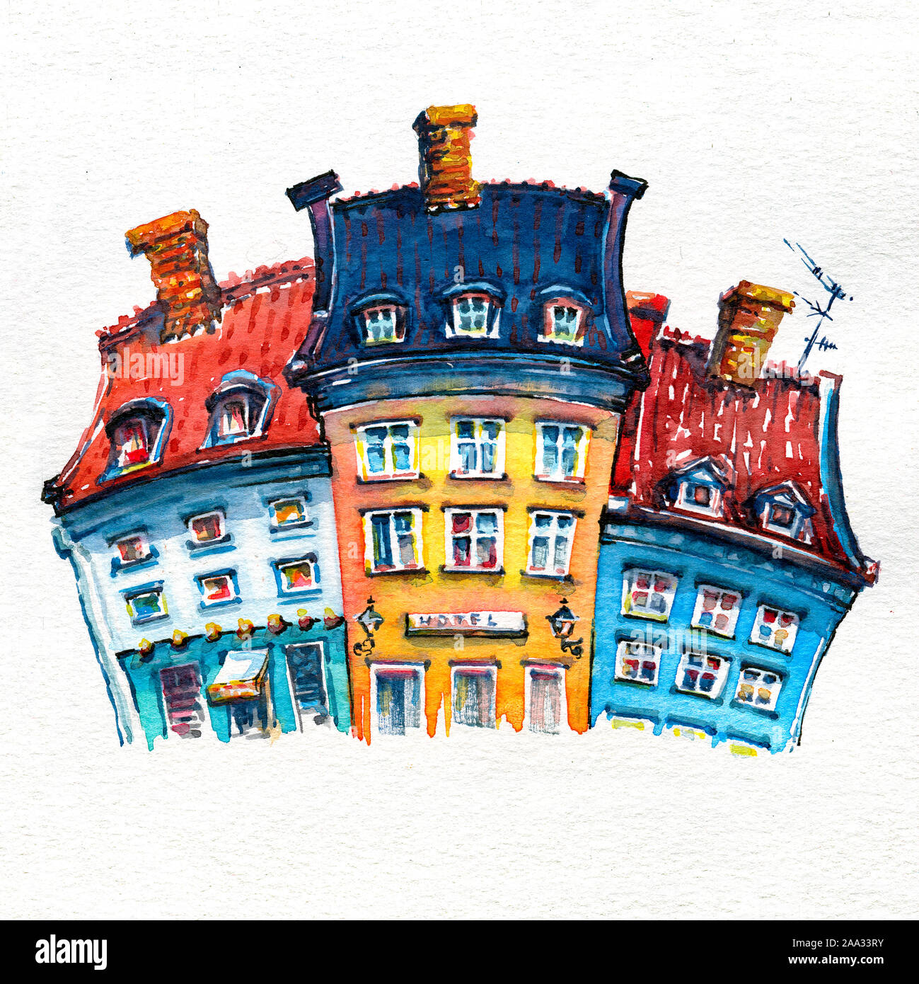Watercolor sketch of colorful facades of old houses on Nyhavn harbour
