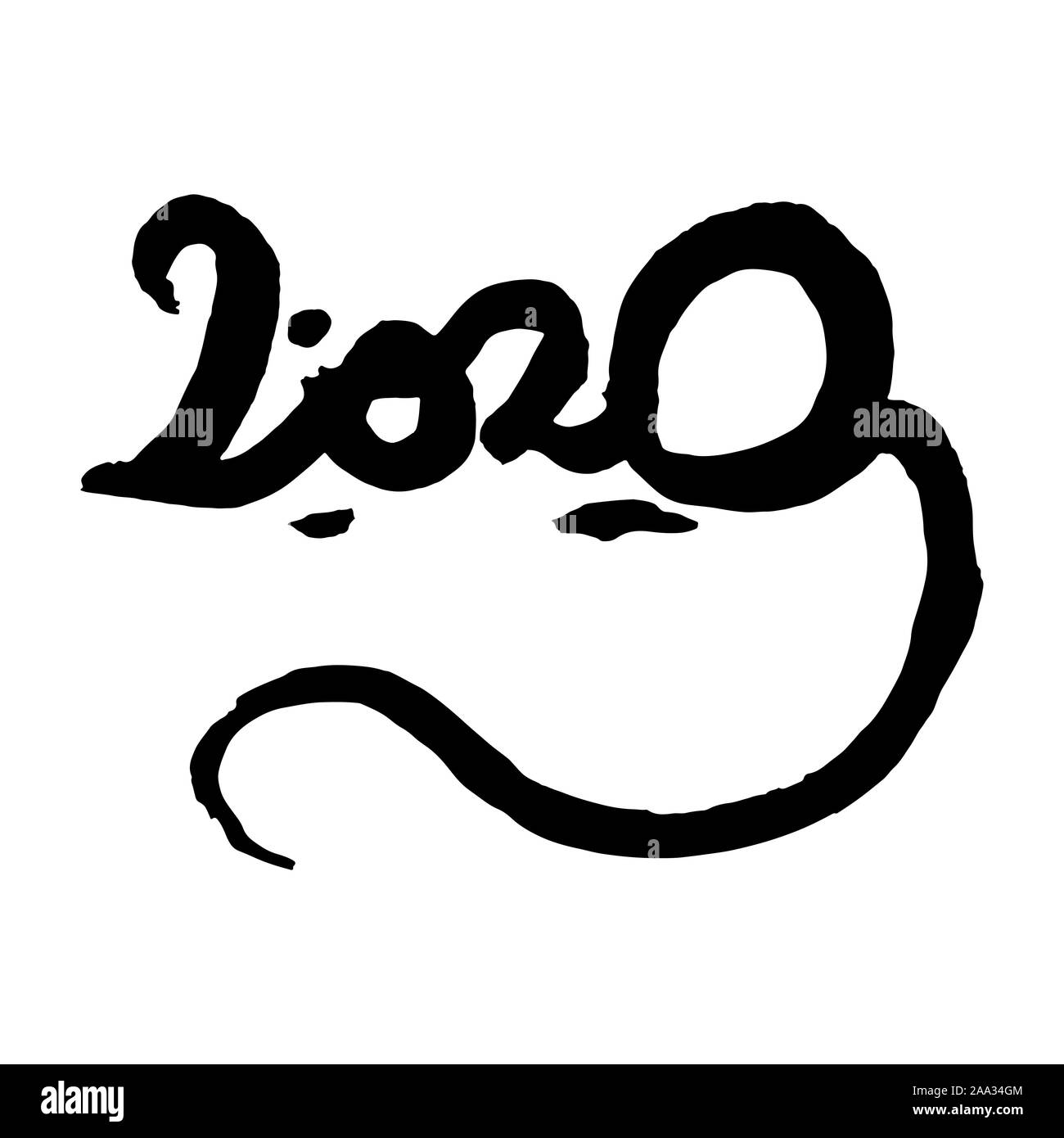 Vector handmade lettering '2020' in shape of a rat.  Ink drawing, sumi-e style. Original calligraphy. Symbol of the Oriental new year of the rat. Chin Stock Vector