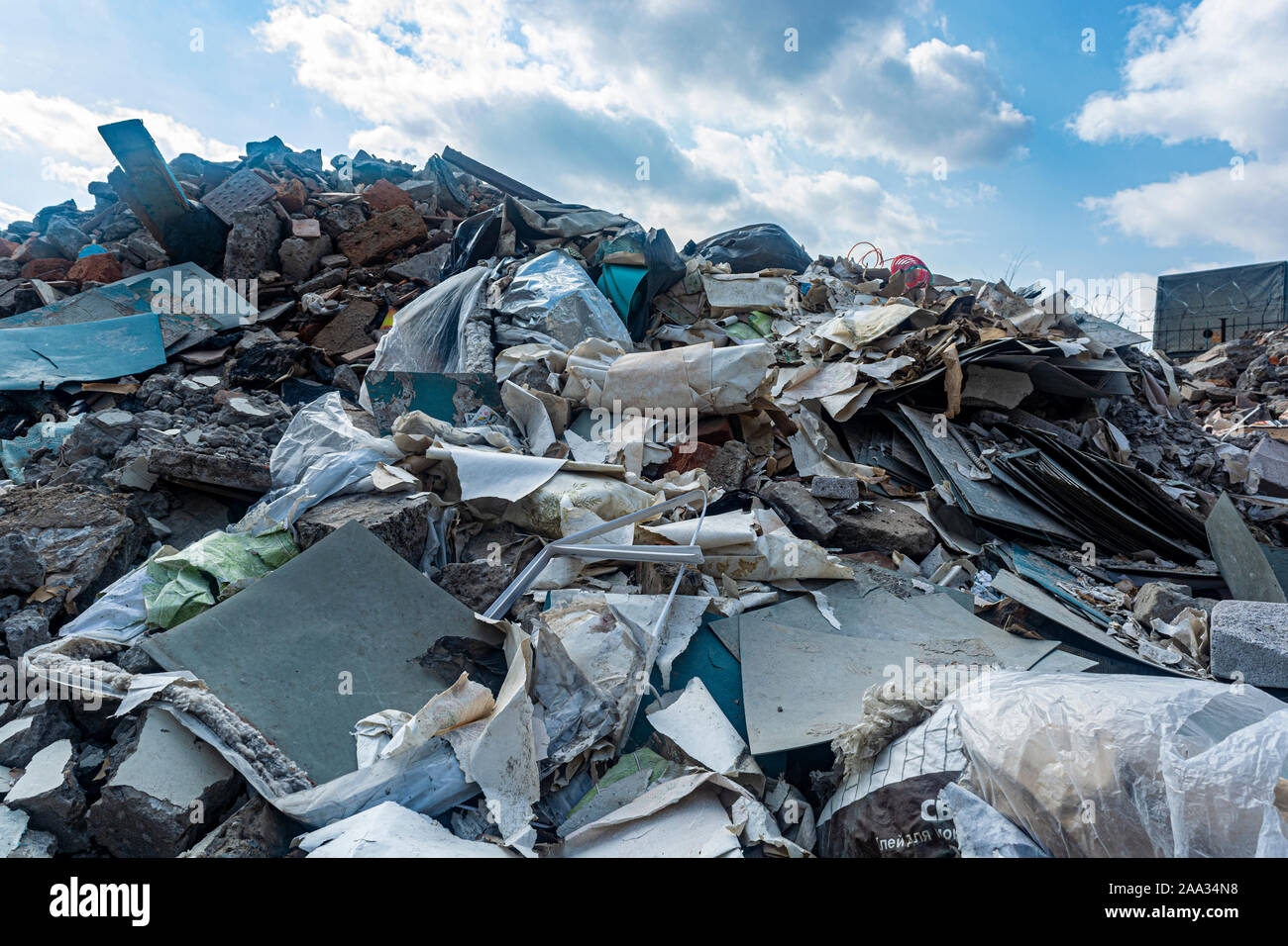 bricks stones mortar, paper, construction garbage close up Stock Photo