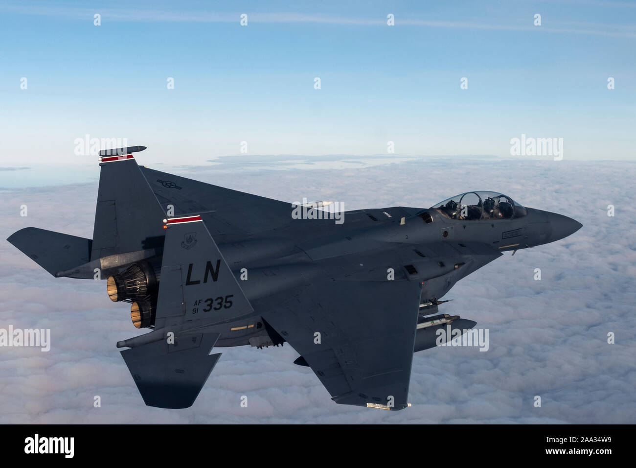 A U.S. Air Force F-15E Strike Eagle assigned to the 48th Fighter Wing conducts aerial operations in support of exercise Point Blank 19-8, over the North Sea, Nov. 14, 2019. The purpose of Point Blank is to exercise large force capabilities that incorporate current and future wartime scenarios. This iteration is especially unique in that it features special operations forces and the ‘Iron Triad’. (U.S. Air Force photo/ Staff. Sgt. Rachel Maxwell) Stock Photo