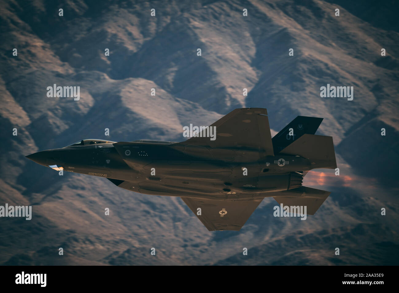 Maj. Andrew 'Dojo' Olson, F-35 Demonstration Team pilot and commander takes off for his final flight during the Aviation Nation Airshow Nov. 17, 2019, at Nellis Air Force Base, Nevada. The team performed more than 55 aerial demonstrations at 19 airshows throughout their inaugural year. (U.S. Air Force photo by Senior Airman Alexander Cook) Stock Photo