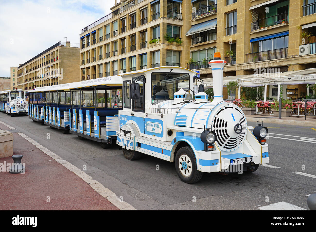 MARSEILLE, FRANCE -13 NOV 2019- View of the Little Tourist Train on the  street in the Vieux Port (old port) in Marseille, France Stock Photo - Alamy