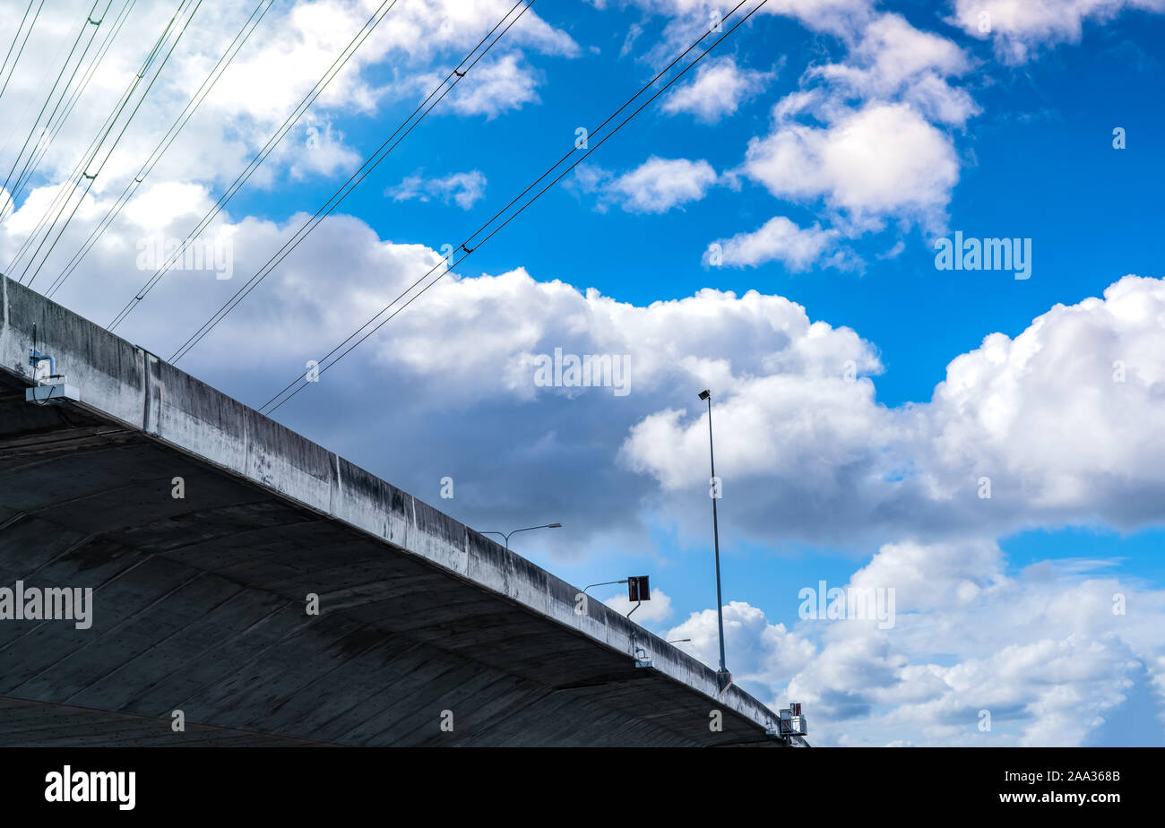 Bottom view of elevated concrete highway. Overpass concrete road. Road ...
