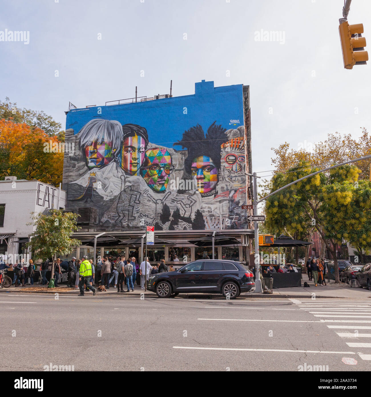 Kobra’s Mount Rushmore mural, The Empire Diner, 10th Avenue, Chelsea, New York City, New York, United States of America. Stock Photo