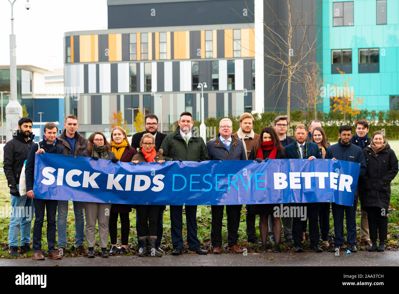 Edinburgh, Scotland, UK. 19th November 2019. Scottish Conservatives unveil banner outside the new unfinished and much-delayed Royal Hospital for Children and Young People in Edinburgh. Shadow health secretary Miles Briggs, accompanied by Jackson Carlaw MSP,  unveiled banner stating how the nationalists (SNP) have let down young patients and their families not just in Edinburgh, but across the country.19th November 2019. Iain Masterton/Alamy Live News. Credit: Iain Masterton/Alamy Live News Stock Photo