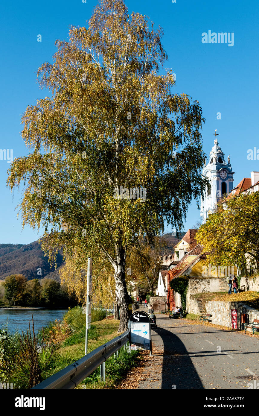 The river Danube bank at Durnstein, Austria, with the Monastery in the background Stock Photo