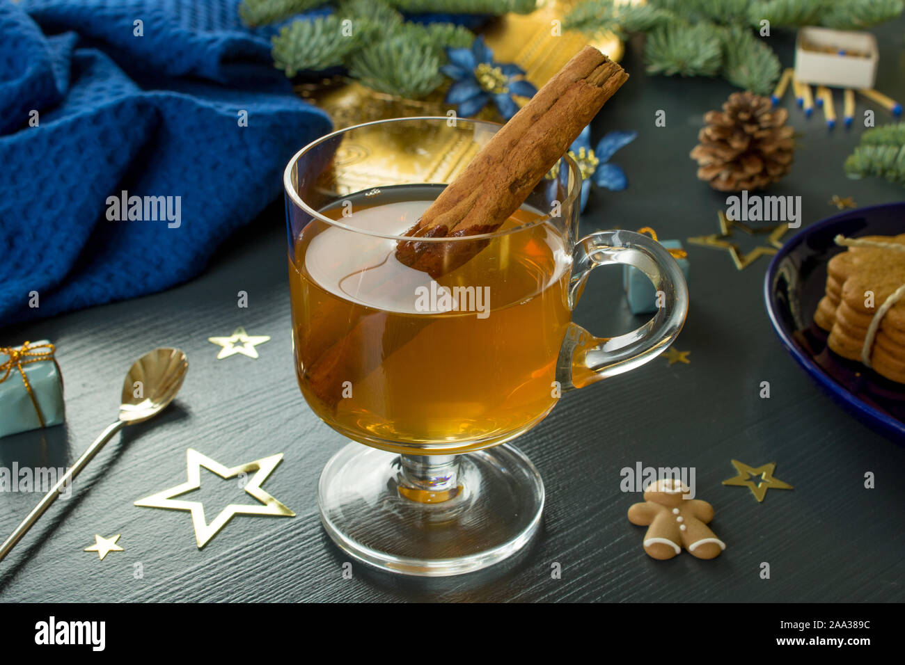 Food photography  and flat lay of a festive Christmas table decorated in blue and gold Stock Photo