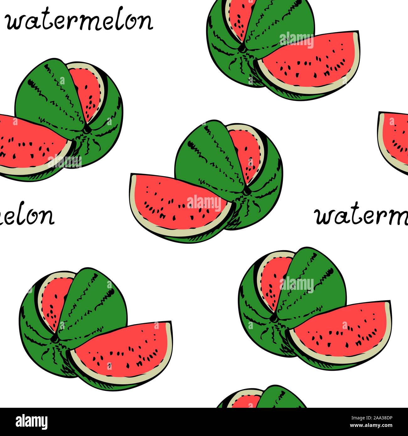 Watermelon seamless pattern, fruit isolated on white background with handwritten text Stock Vector