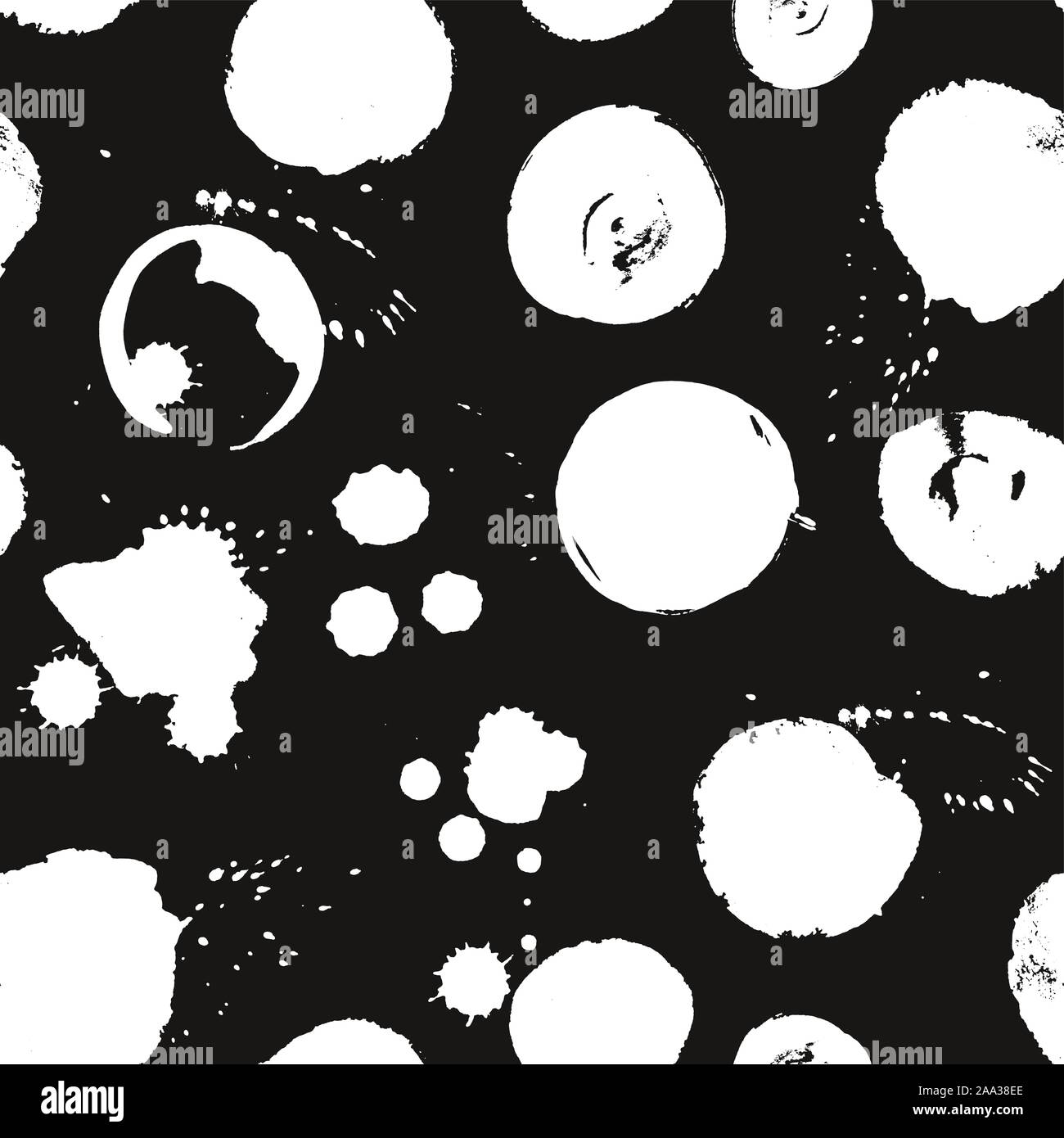Abstract seamless pattern with white vector stains on black background, paint splashes background Stock Vector