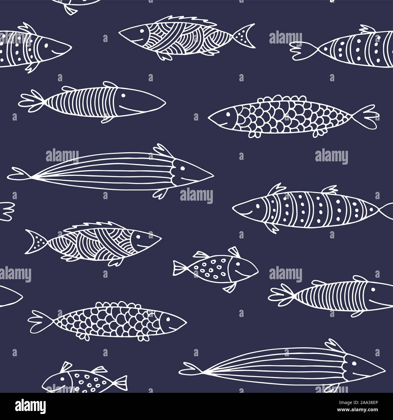 Fishes doodle vector pattern, animal seamless background Stock Vector