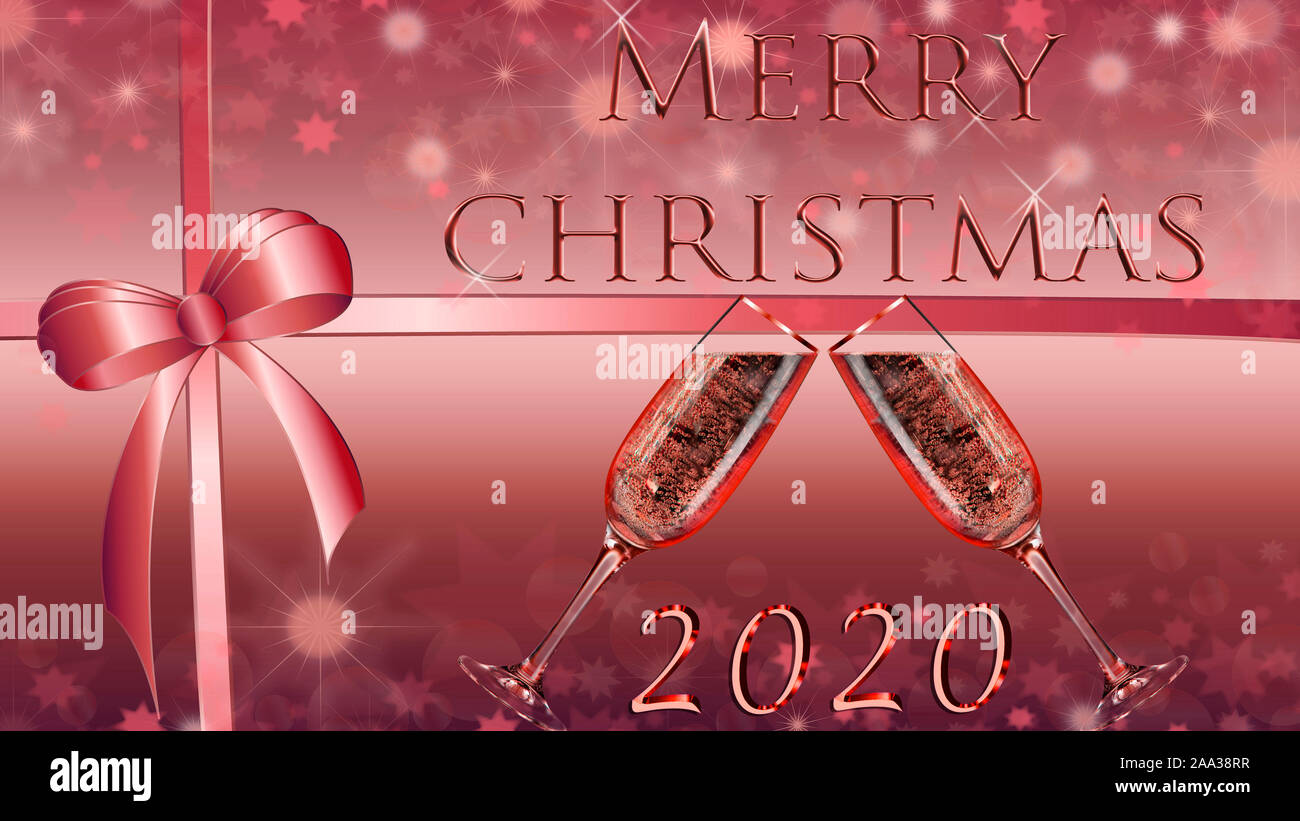 Beautiful merry christmas background. Congratulation card with champagne Stock Photo