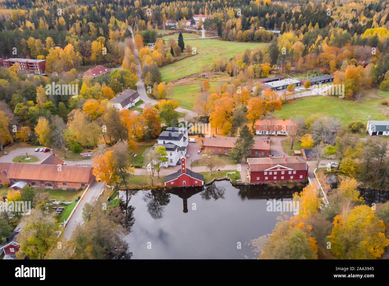 Aerial view of old village Ruotsinpyhtaa at autumn, Finland. Stock Photo