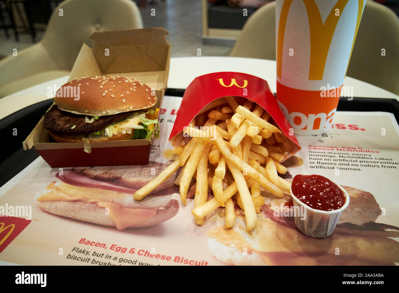 mcdonalds big mac meal with fries drink and ketchup florida usa Stock Photo