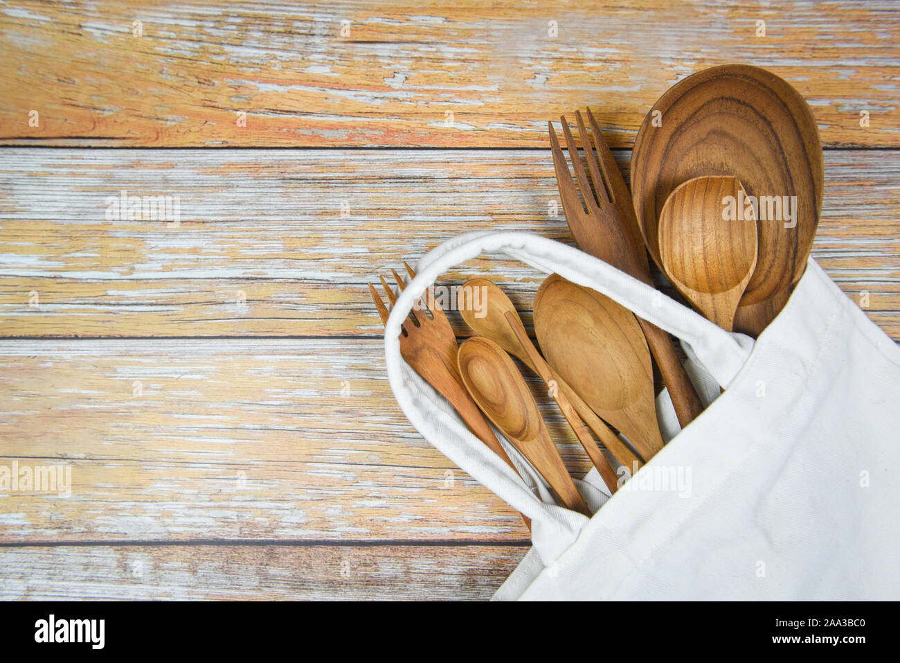 Natural Kitchen Tools Wood Products Kitchen Utensils Background With Spoon Fork Chopsticks Plate Cutting Board Object And Cloth Bag Top View On Th Stock Photo Alamy