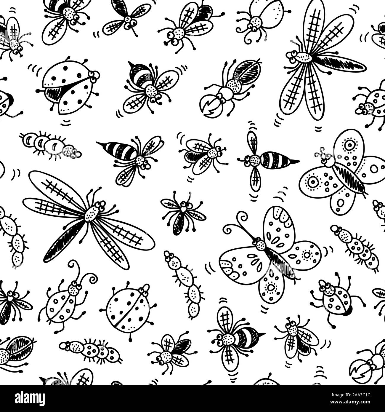 Insects doodle seamless pattern, vector background with bug, fly, butterfly, ladybug, dragonfly, wasp, centipede Stock Vector