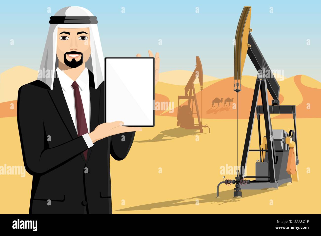 Arab man with tablet computer stands on the background of oil rigs in the desert. White screen, you can add your text here. Vector illustration Stock Vector
