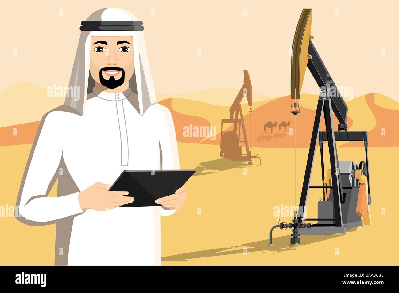 Arab man with tablet computer stands on the background of oil rigs in the desert. Vector illustration Stock Vector