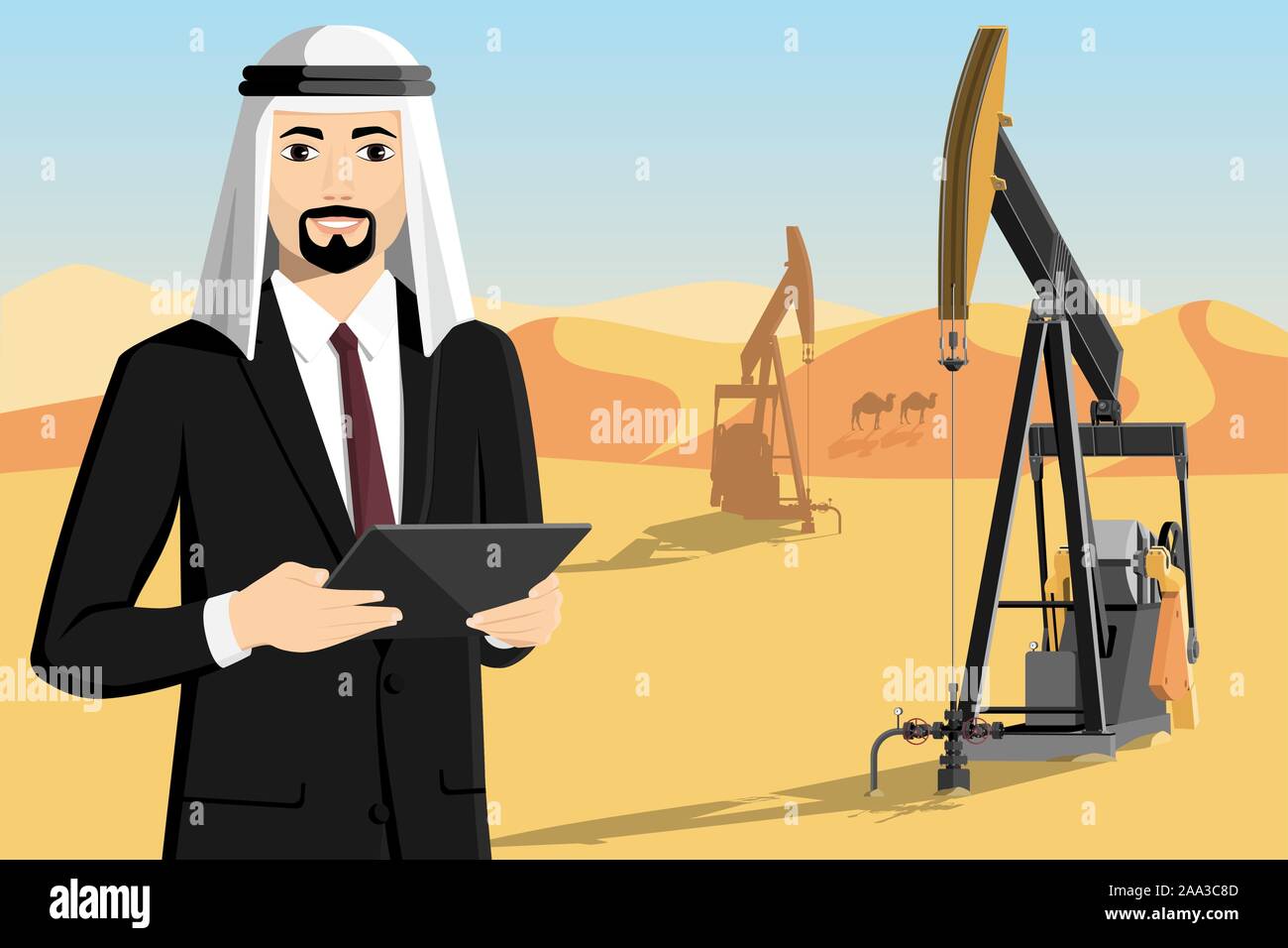 Arab man with tablet computer stands on the background of oil rigs in the desert. Vector illustration Stock Vector