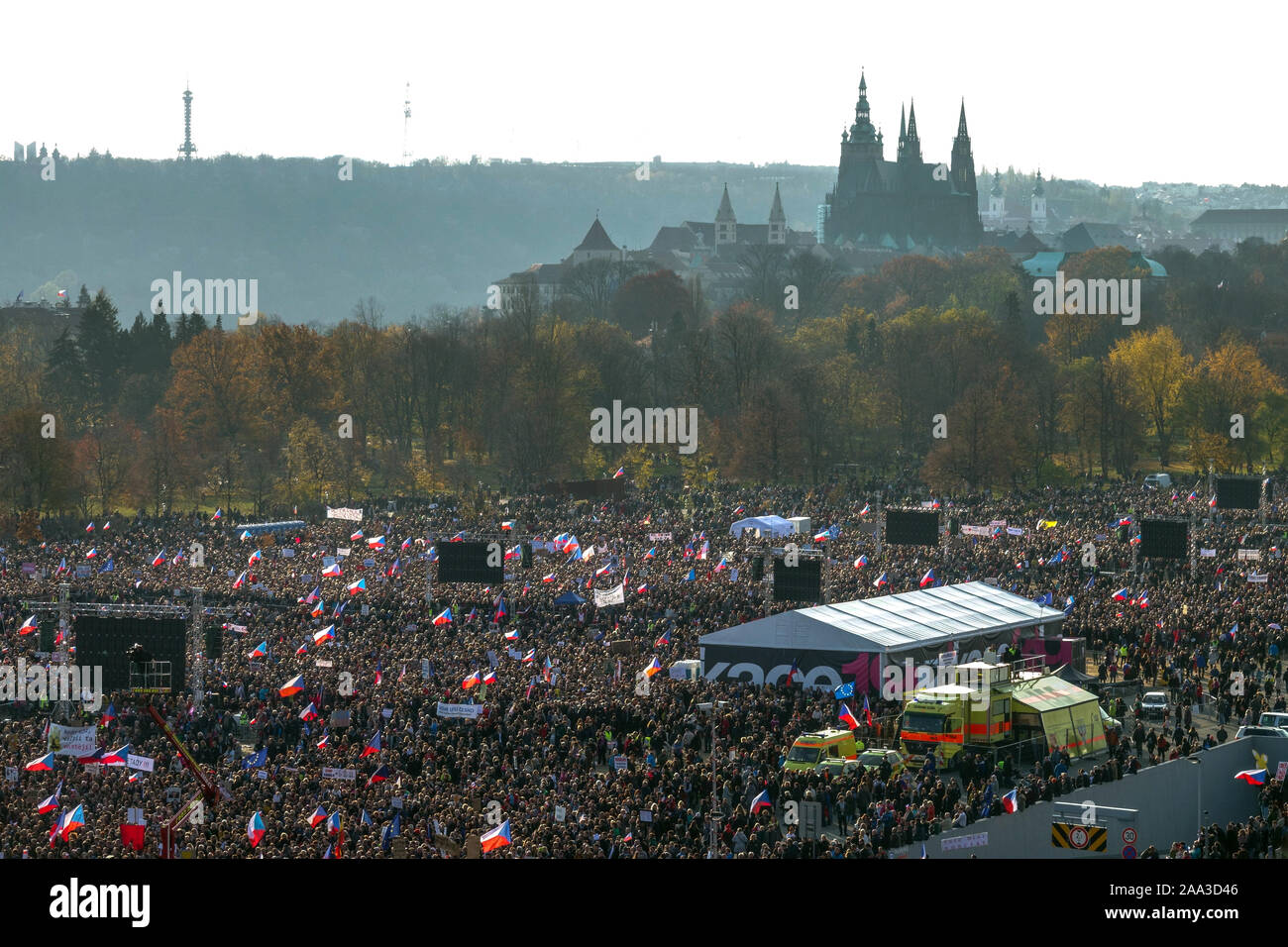 Mass demonstration, people protest against prime minister Babis, Letna Prague Castle Czech Republic Stock Photo