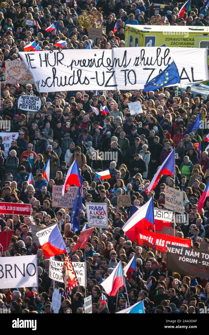Mass demonstration, people protest against prime minister Babis, banners Letna Prague Czech Republic Stock Photo