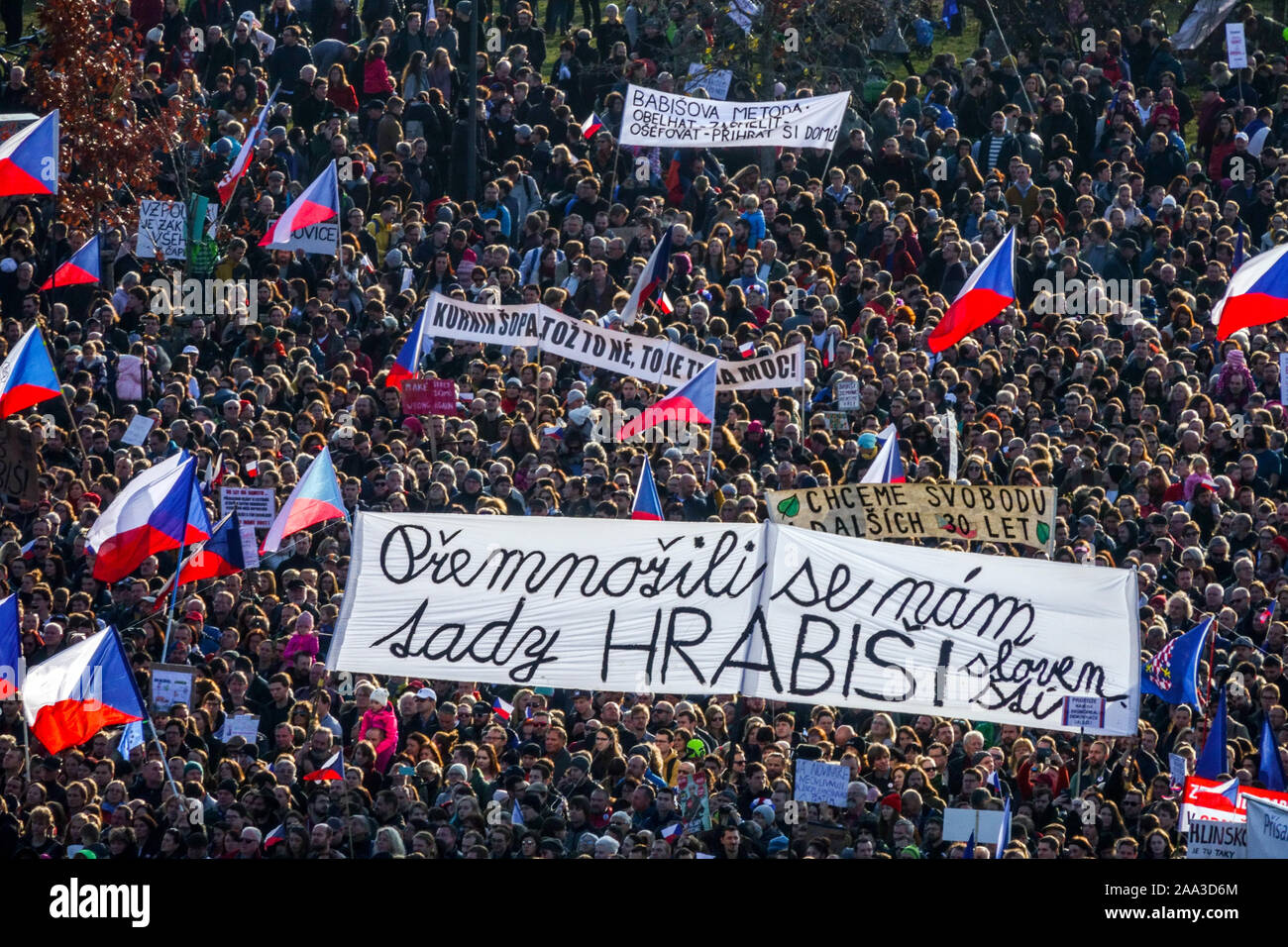 Mass demonstration, people protest against prime minister Babis, flags Letna Prague Czech Republic Stock Photo