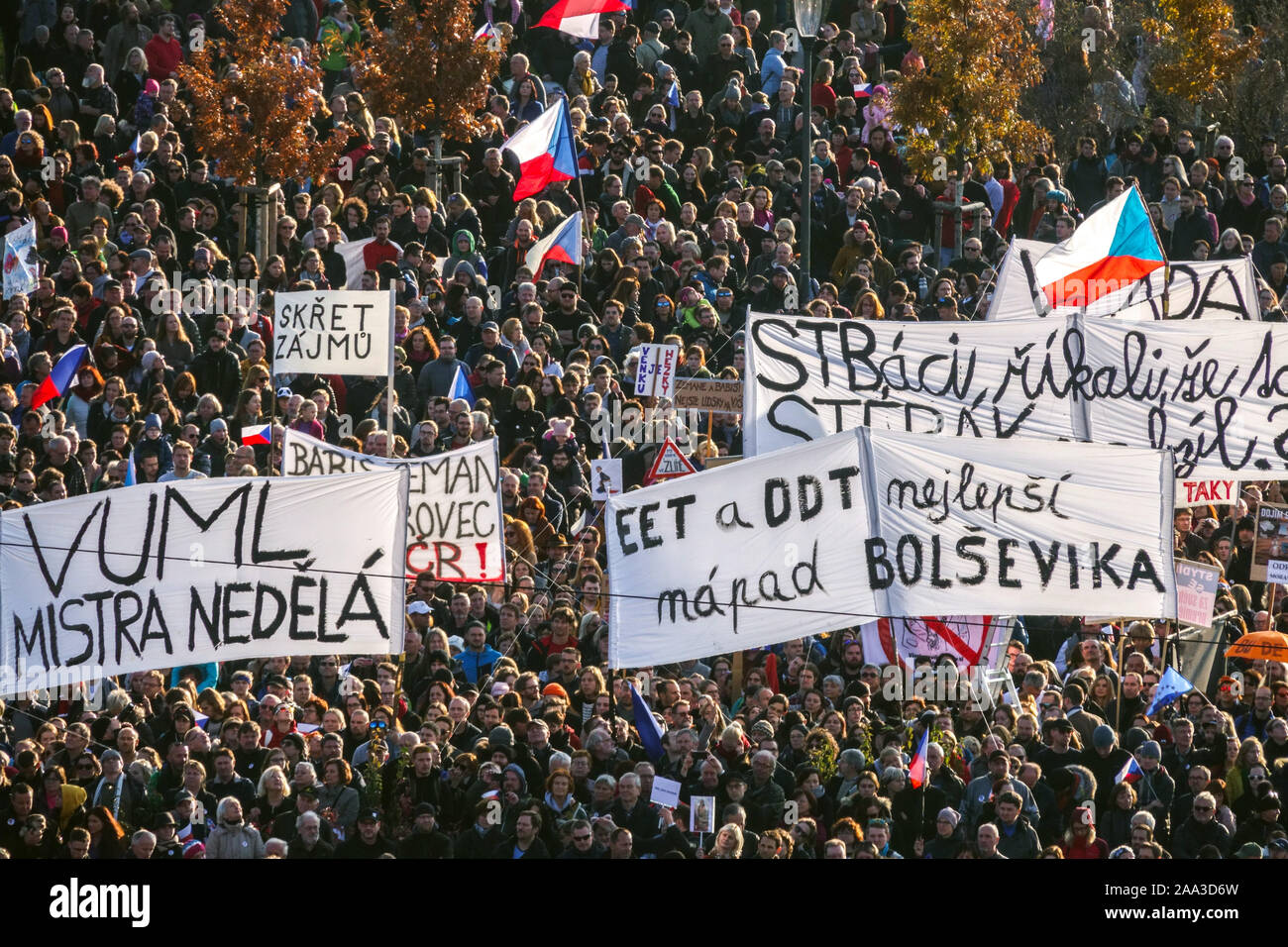 Mass demonstration, people protest against prime minister Babis, Letna Prague protest Czech Republic Stock Photo