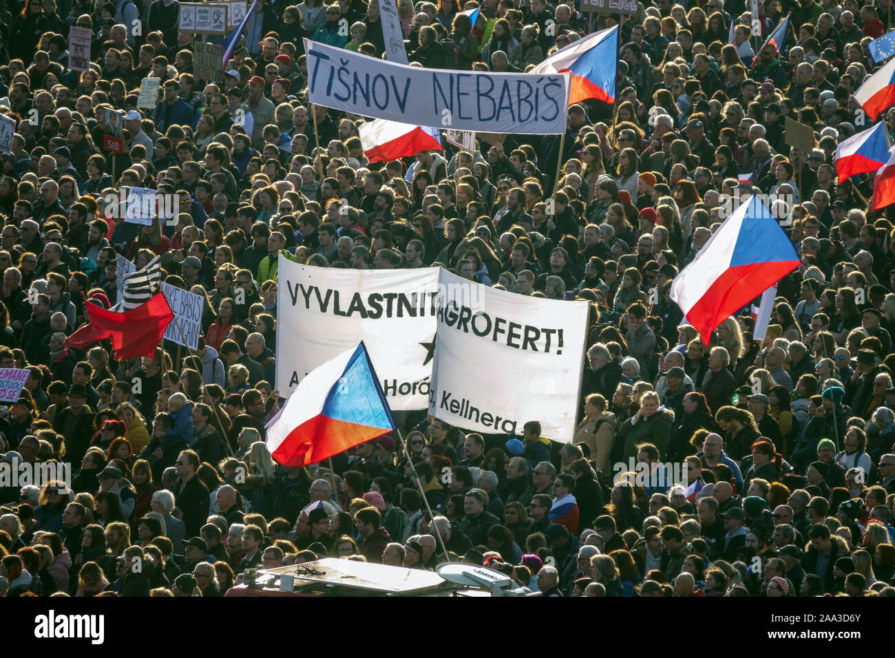 Mass demonstration, people protest against prime minister Babis, Letna Prague Czech Republic protest Stock Photo