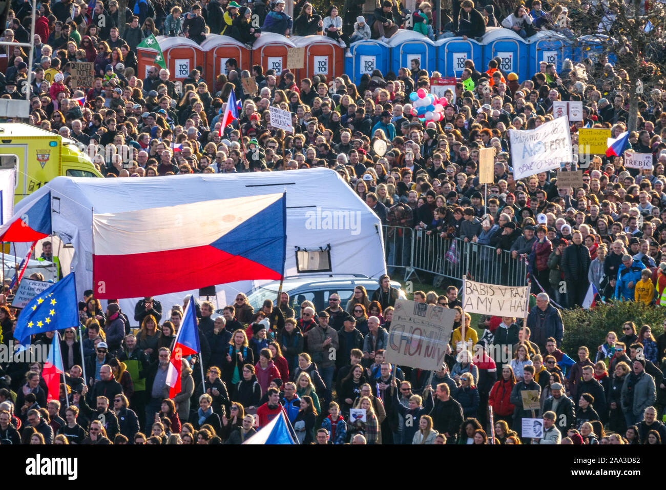 Crowd of people protest against prime minister Babis, Letna Prague protest Czech Republic Stock Photo