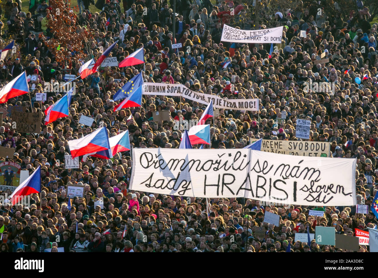 People on Letna Prague protest Czech Republic Mass demonstration against Babis Stock Photo