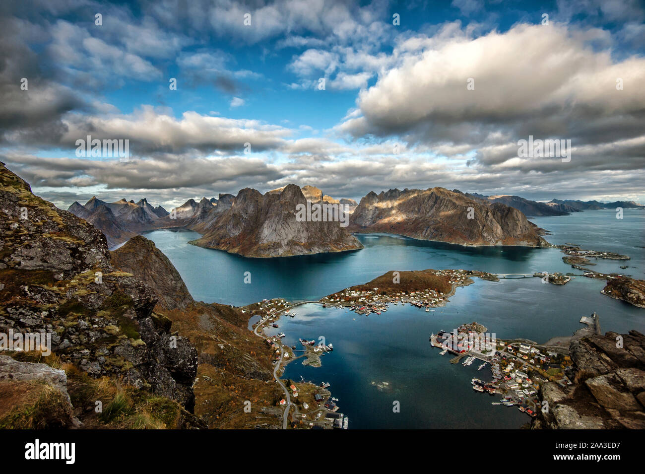 View from Mt Reinebringen, Moskenes, Lofoten, Nordland, Norway Stock Photo