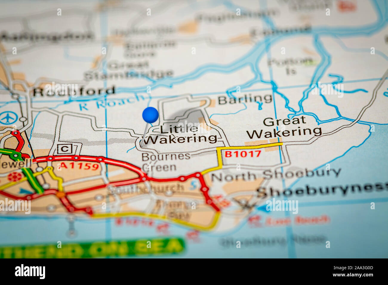 Blue Map Pin on Paper Map Showing Little Wakering Stock Photo - Alamy