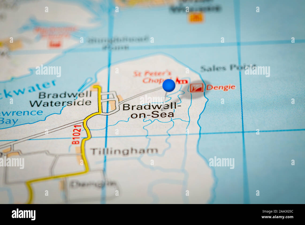 Bradwell On Sea Map Blue Map Pin On Paper Map Showing Bradwell On Sea Stock Photo - Alamy