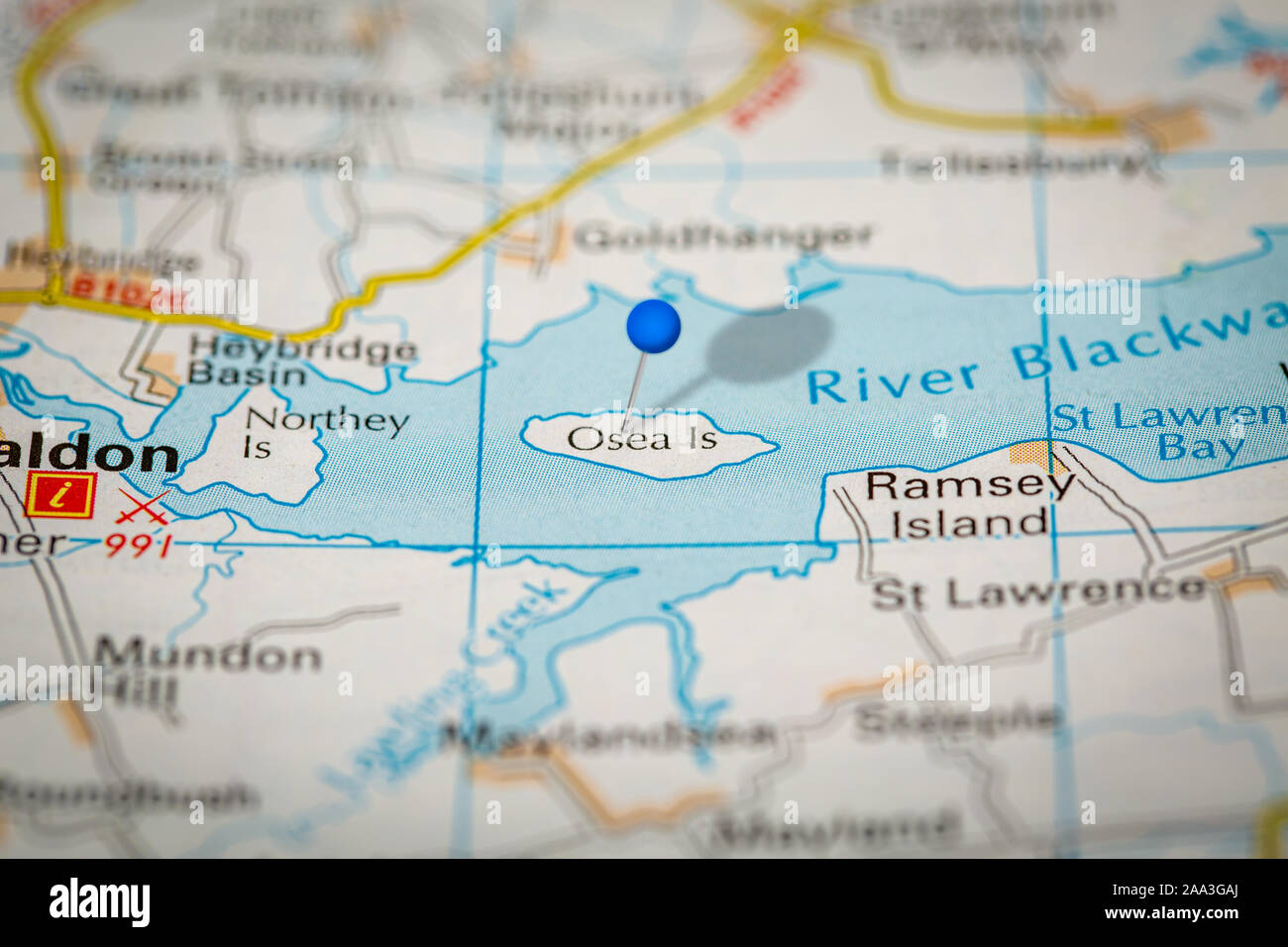 Blue Map Pin on Paper Map Showing Osea Island Stock Photo - Alamy