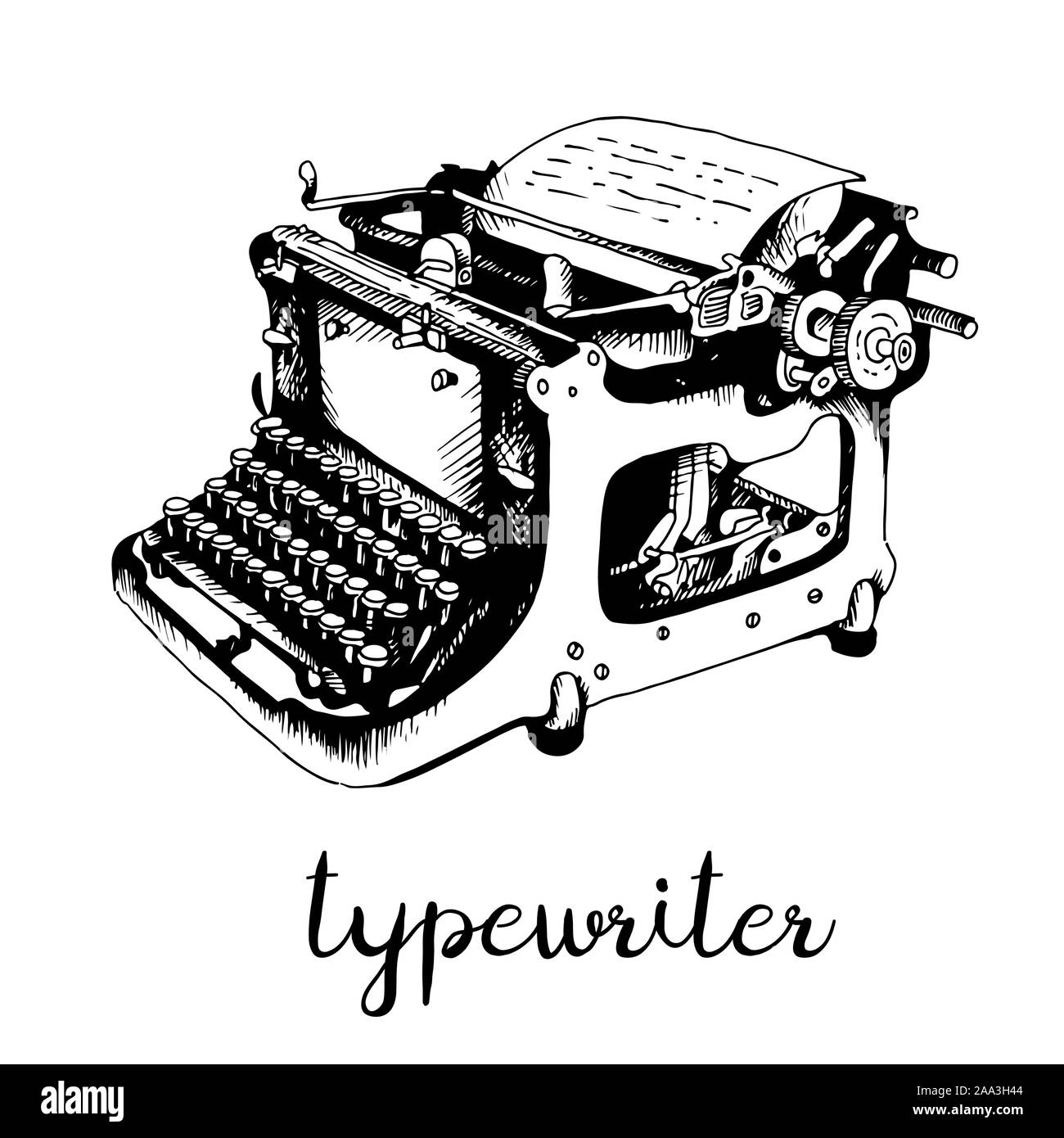 Typewriter hand drawn sketch, vector illustration isolated on white background Stock Vector