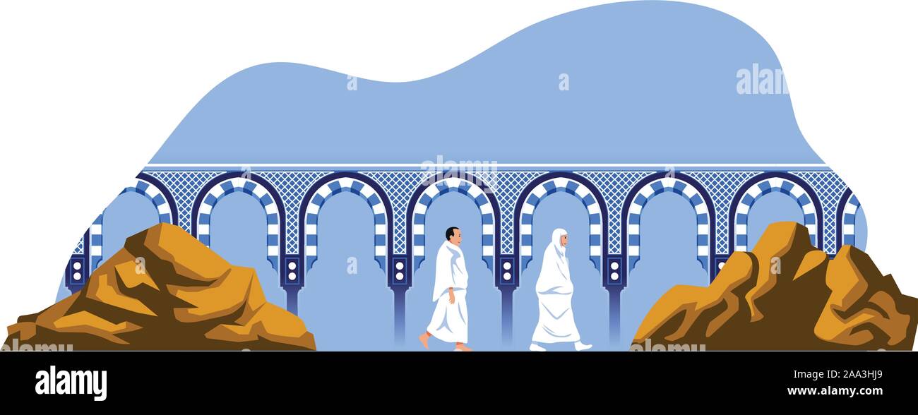 Couple hajj pilgrimage walk back and forth between the hills of Safa and Marwah. One of Islam's sacred pilgrimage step. Suitable for info graphic. Stock Vector