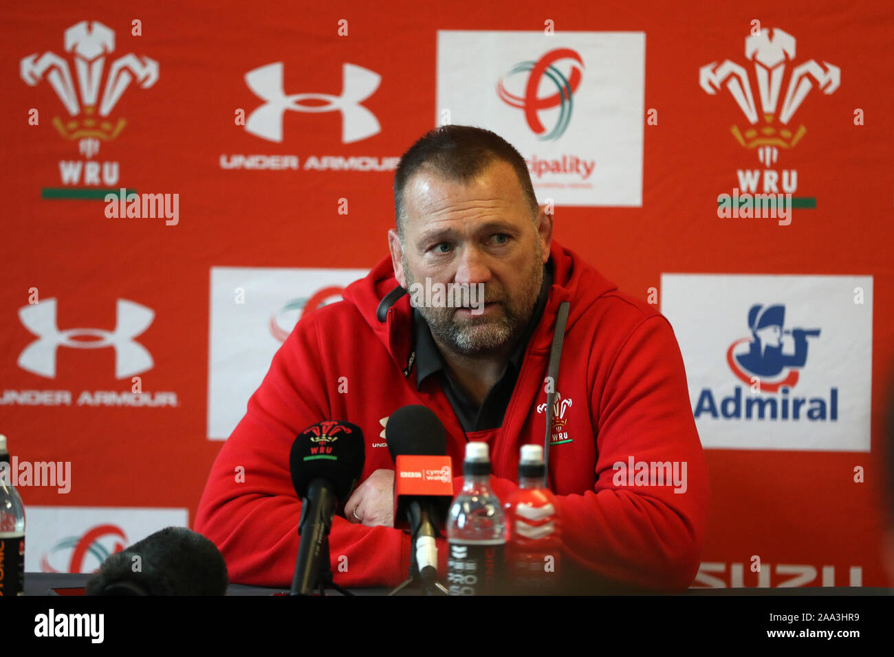 Cardiff, UK. 19th Nov, 2019. Jonathan Humphreys, the new assistant coach of Wales rugby teams speaks to the media. Wales rugby squad announcement press conference at the Vale Resort, Hensol, near Cardiff, South Wales on Tuesday 19th November 2019. The team are preparing for their match against the Barbarians at the end of November. pic by Andrew Orchard/Alamy Live News Stock Photo