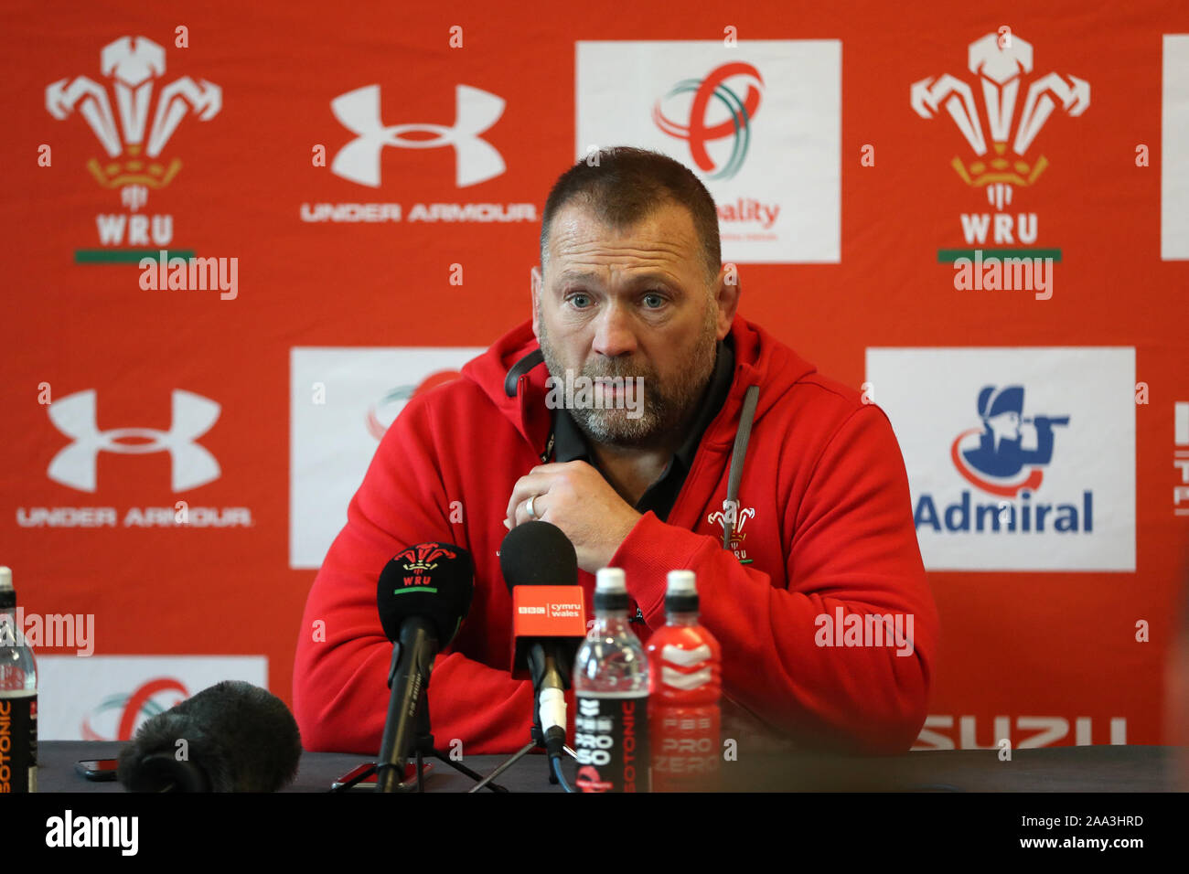Cardiff, UK. 19th Nov, 2019. Jonathan Humphreys, the new assistant coach of Wales rugby teams speaks to the media. Wales rugby squad announcement press conference at the Vale Resort, Hensol, near Cardiff, South Wales on Tuesday 19th November 2019. The team are preparing for their match against the Barbarians at the end of November. pic by Andrew Orchard/Alamy Live News Stock Photo