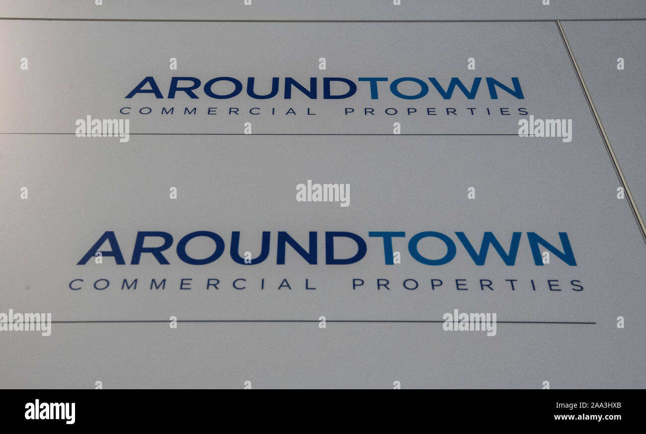 19 November 2019, Germany (German), Berlin: A lettering indicates the branch of the Luxembourg real estate group Aroundtown in the capital. Photo: Paul Zinken/dpa Stock Photo