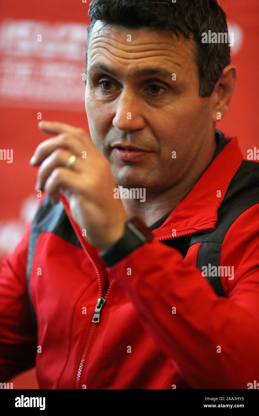 Cardiff, UK. 19th Nov, 2019. Stephen Jones, one of the new assistant coaches of Wales rugby teams speaks to the media. Wales rugby squad announcement press conference at the Vale Resort, Hensol, near Cardiff, South Wales on Tuesday 19th November 2019. The team are preparing for their match against the Barbarians at the end of November. pic by Andrew Orchard/Alamy Live News Stock Photo
