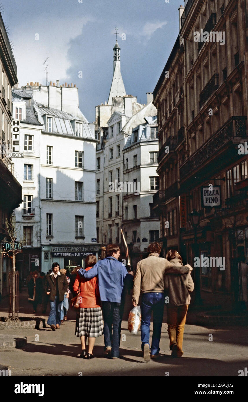 Young people circa 1974 on the Rue Saint-Severin in Paris a scanned image Stock Photo