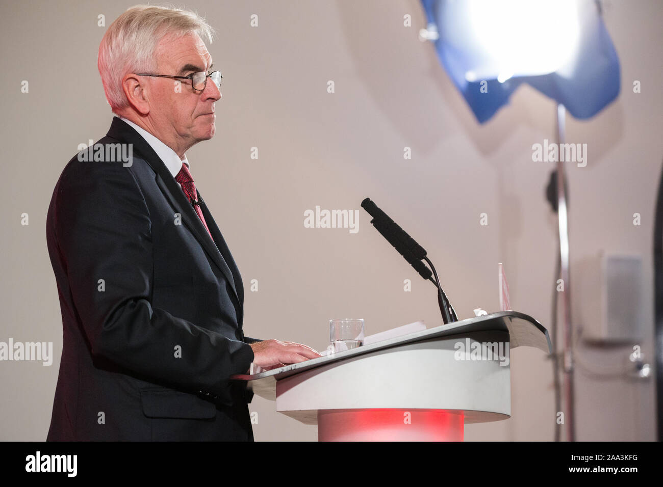 London, UK. 19 November, 2019. Shadow Chancellor John McDonnell makes a major speech on the economy in Westminster. His speech promised that a Labour government would rewrite the rules of the economy through reforms to business regulation that would lay some of the foundations of a stakeholder economy and help workers to take back control. Credit: Mark Kerrison/Alamy Live News Stock Photo