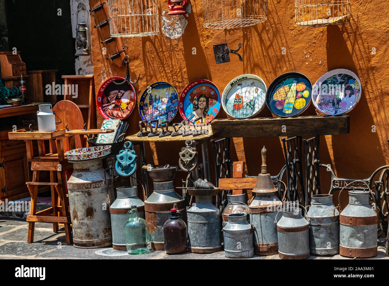 Local quirky antique shop display in Puebla, Mexico Stock Photo