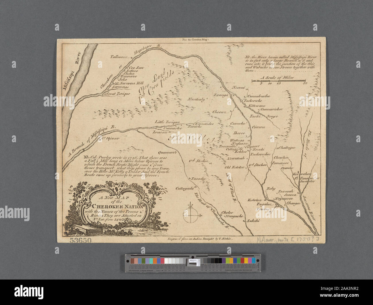 Relief shown pictorially. Covers area now within east Tennessee, western North and South Carolina, and northern Georgia. From the February, 1760 issue of the London magazine ; In top margin: For the London Mag. Includes notes. Scale [ca. 1:1,000,000] (W 86°--W 82°/N 36°--N 34°) Mapping the Nation (NEH grant, 2015-2018); A new map of the Cherokee Nation Stock Photo
