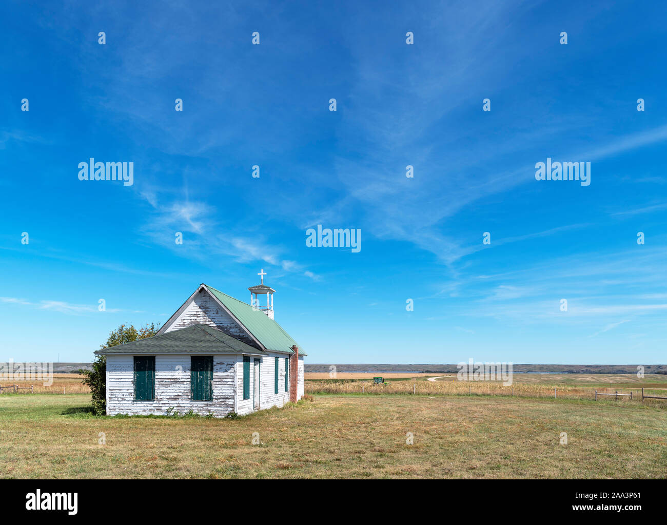 Old clapboard church on State Highway 1806 (Native American Scenic Byway) outside Pierre, South Dakota, USA Stock Photo