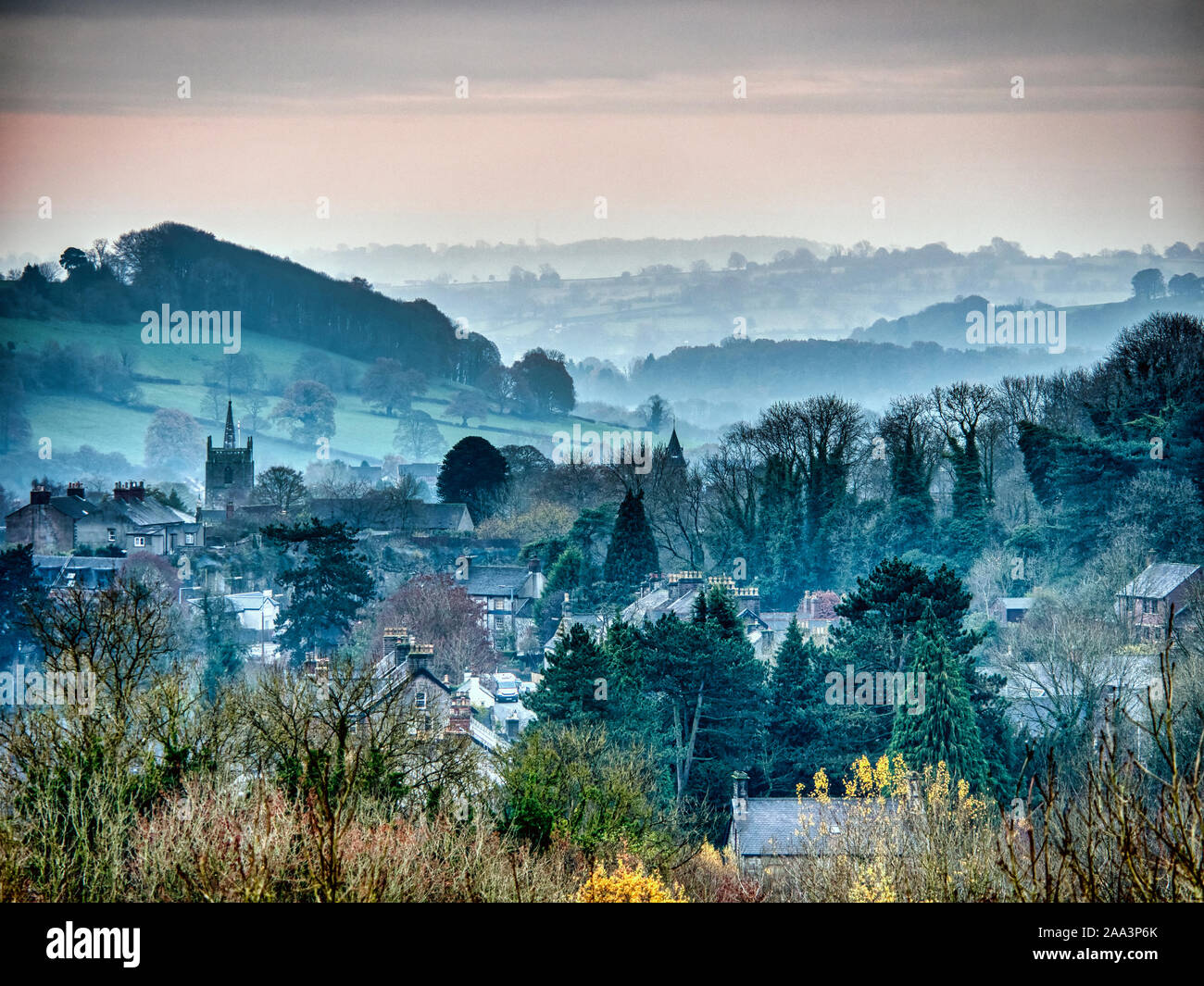 Weather Wirksworth Derbyshire UK freezing fog lifting after a cold