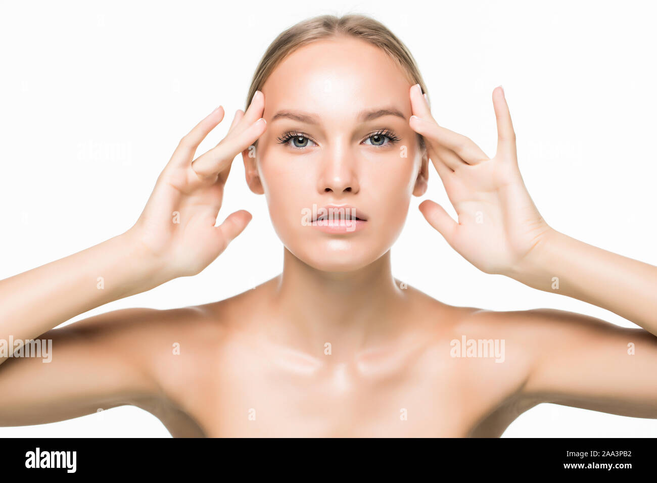 Beauty Portrait. Beautiful Spa Woman Touching her Face. Perfect Fresh ...