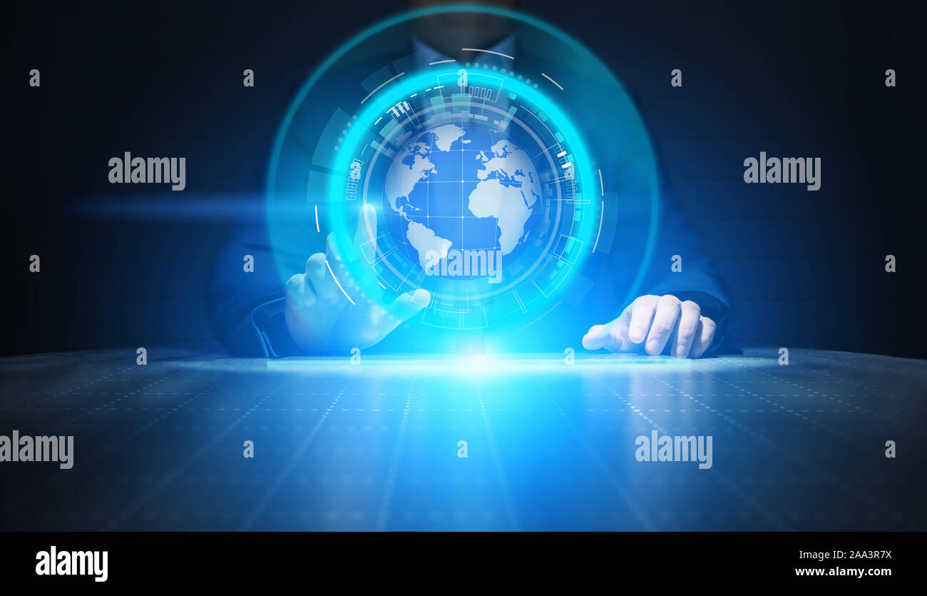 Earth hologram Planet Worldwide Business Internet Telecommunication and modern technology concept on virtual screen Stock Photo