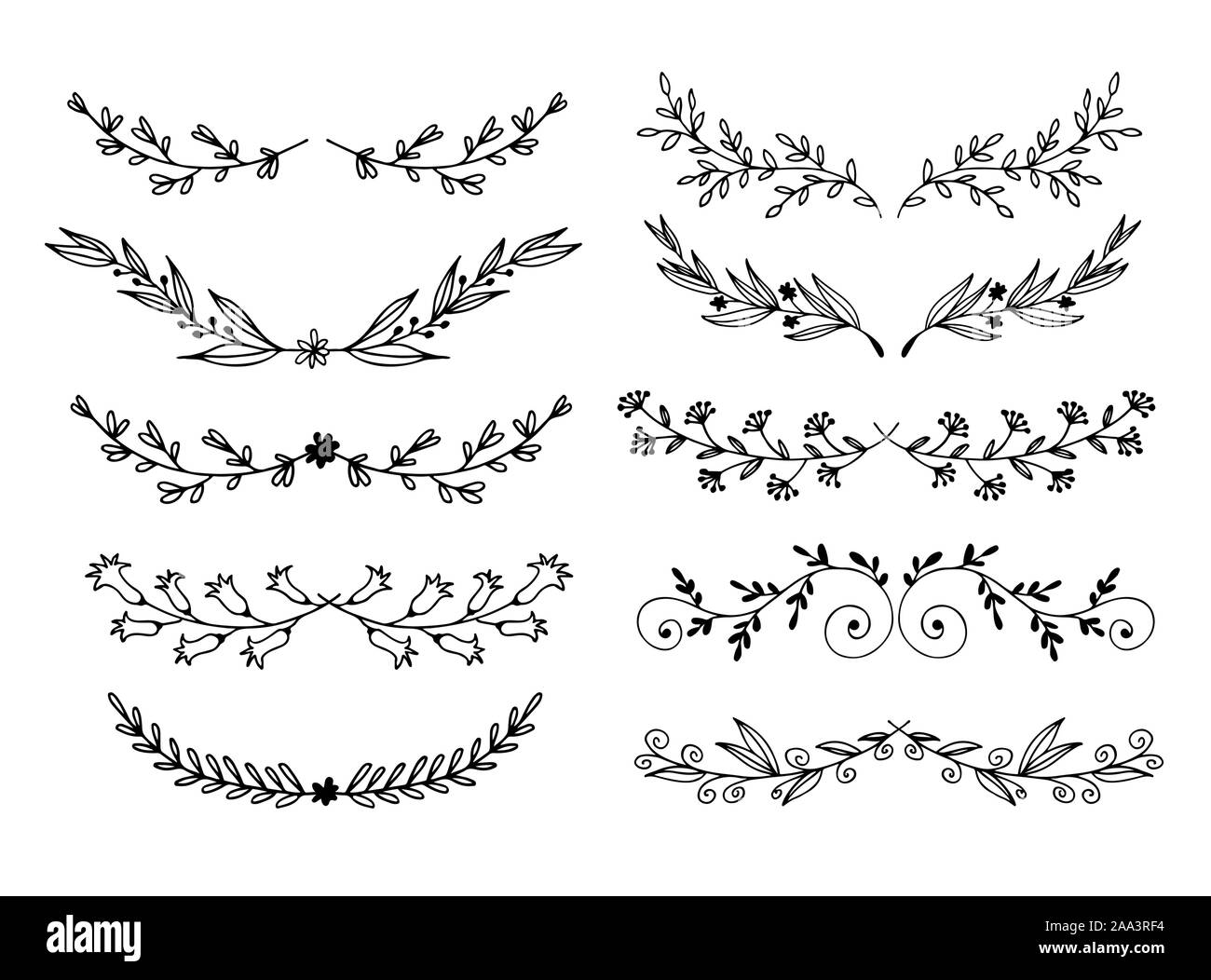 Hand drawn flowers and leaves vector set, floral doodle elements ...